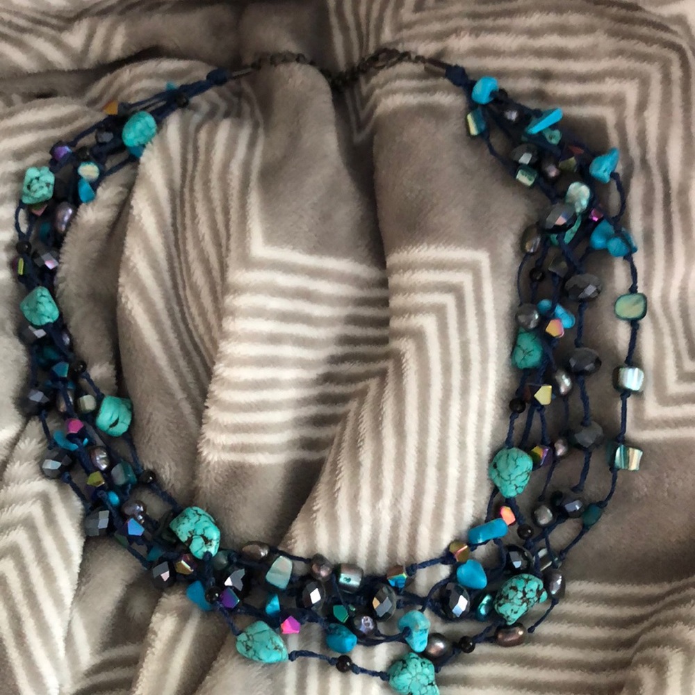 1 of a kind 🤩 Turquoise & Iridescent Beads on Navy Rope Necklace.
